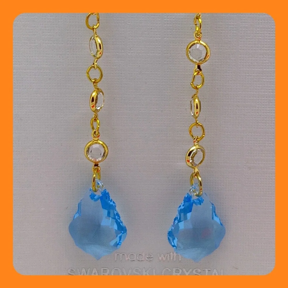 Vintage 1990s Crystal Collection Swarovski Blue Teardrop Gold Drop Earrings NOS